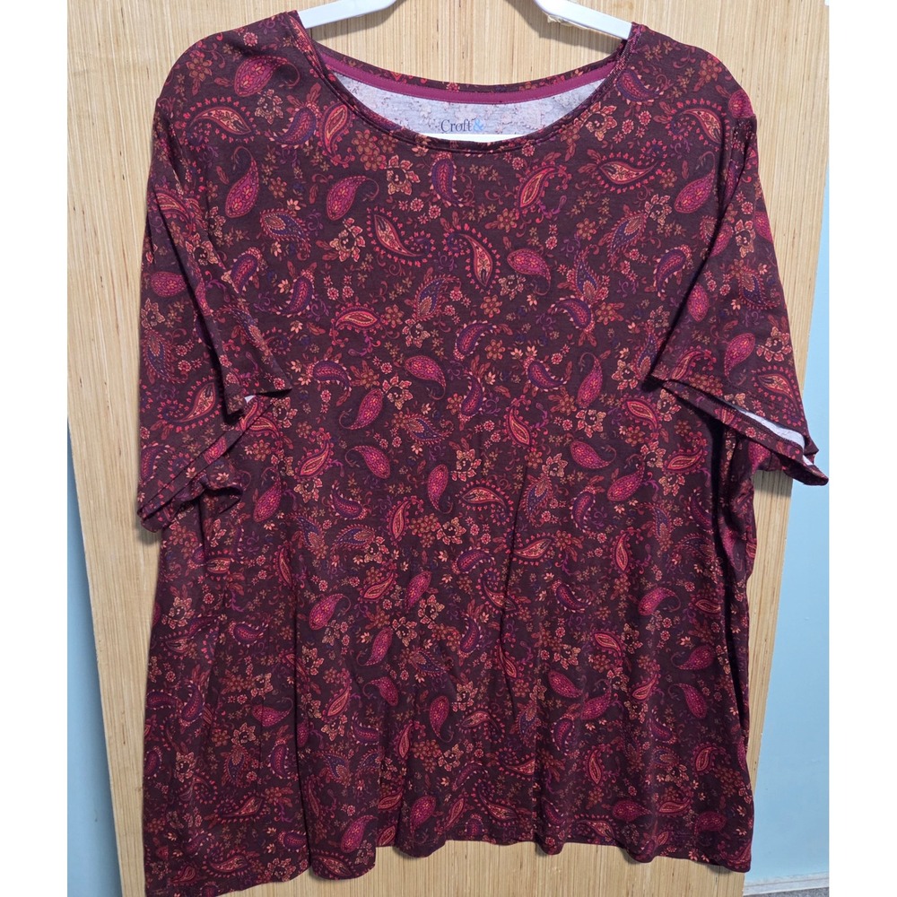 Croft & Barrow Womens 2X The Classic Tee Burgundy Paisley Cotton Short Sleeve